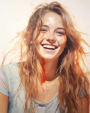 a painting of a woman with red paint on her faceの素材