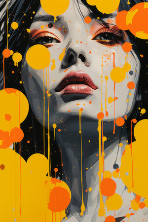 a painting of a woman with orange paint splatters on her faceの素材