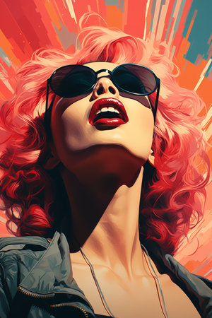a painting of a woman with red hair and sunglassesの素材