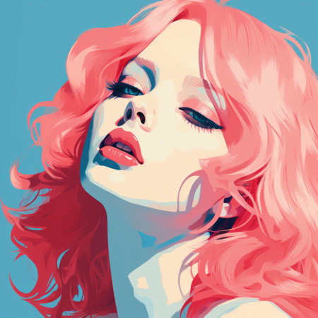 a painting of a woman with pink hairの素材