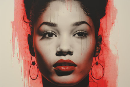 a painting of a woman with red lips and earringsの素材