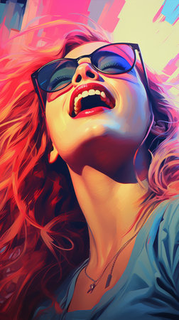 a painting of a woman with sunglasses and red hairの素材