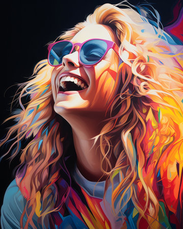 a painting of a woman with sunglasses and long hairの素材