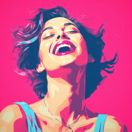 a pop art style illustration of a woman laughingの素材
