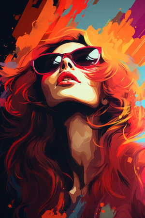 a painting of a woman with sunglasses and red hairの素材