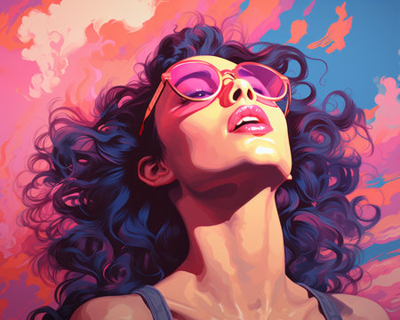 a painting of a woman with sunglasses on her headの素材