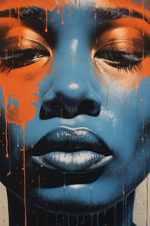 a painting of an african woman with blue and orange paint on her faceの素材