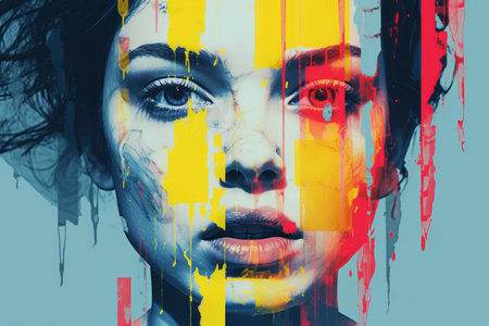 a painting of a womans face with paint splatters on itの素材