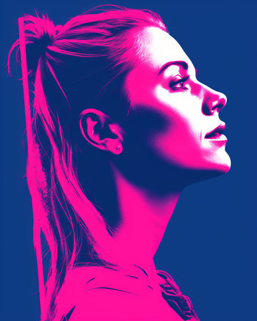 a pink and blue poster with a womans faceの素材