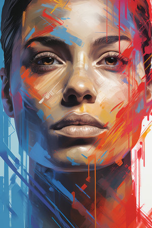 a painting of a womans face with paint splattersの素材