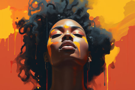 a painting of an afro woman with bright orange and yellow paint dripping down her faceの素材