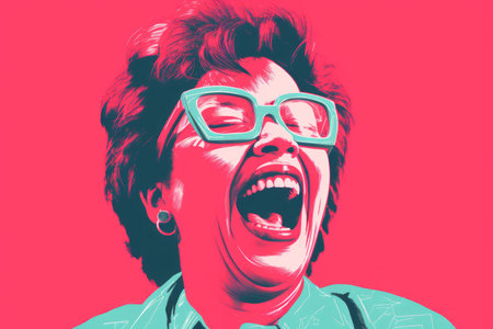 a pop art portrait of a woman with glasses on her faceの素材