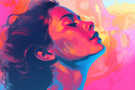 a woman in a colorful background with her eyes closedの素材