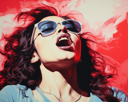a painting of a woman with sunglasses on her faceの素材