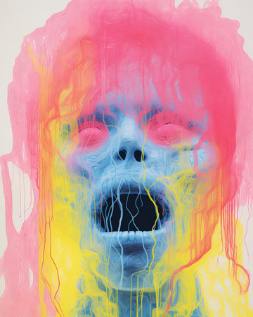 a painting of a womans face with pink and blue paintの素材