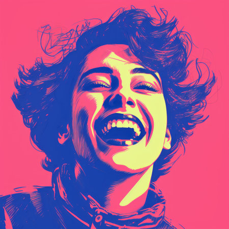 a pop art style portrait of a woman laughingの素材