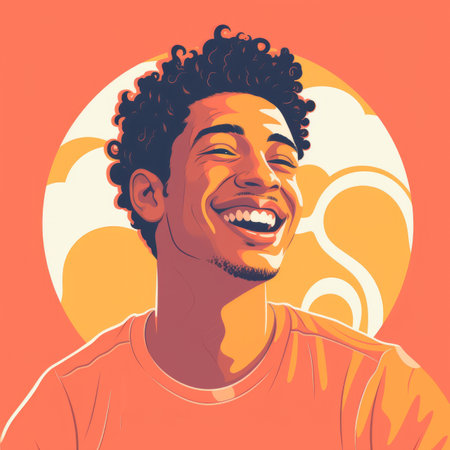 a smiling man with curly hair and an orange backgroundの素材