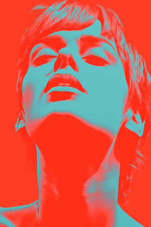 a red and blue photo of a woman with short hairの素材