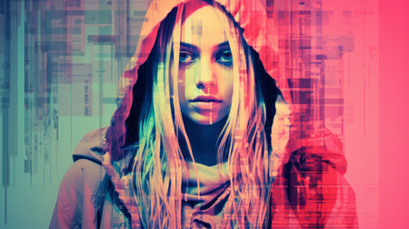 a woman in a hoodie is standing in front of a colorful backgroundの素材