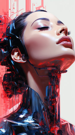 a woman in a futuristic suit with red and blue colorsの素材