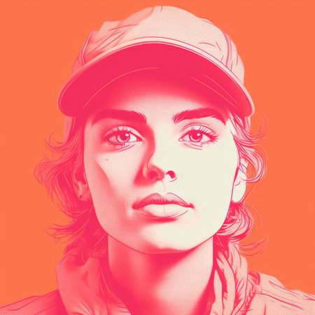 a woman in a baseball cap and jacket on an orange backgroundの素材