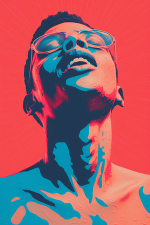 a poster with a man with glasses on his faceの素材