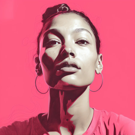 a woman in a pink shirt and hoop earringsの素材