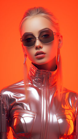 a woman in a shiny suit and sunglasses on an orange backgroundの素材