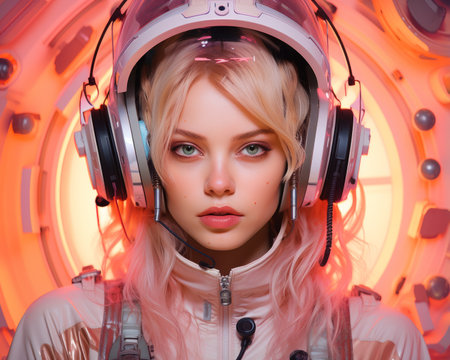 a woman in a space suit with headphones onの素材