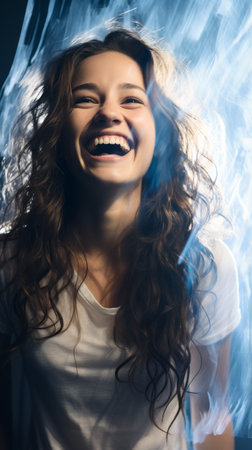 a woman is laughing in front of a blue lightの素材