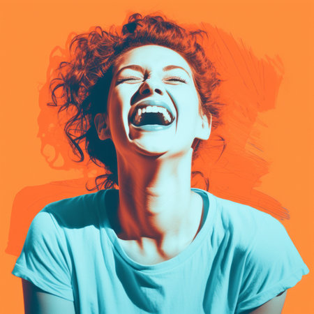 a woman laughing with her mouth open on an orange backgroundの素材