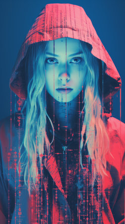 a woman in a red hoodie and blue backgroundの素材