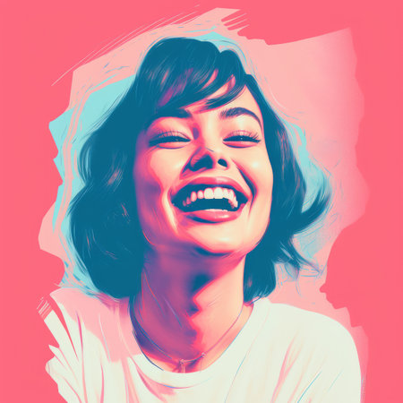 a woman is laughing in a pink and blue backgroundの素材