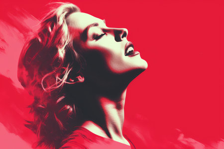 a woman in red is looking up with her eyes closedの素材