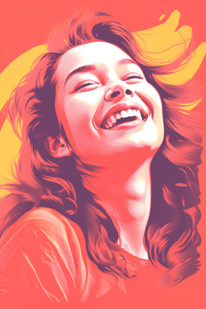 a woman is laughing and smiling in a colorful paintingの素材