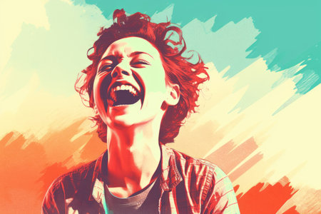 a woman is laughing in front of a colorful backgroundの素材