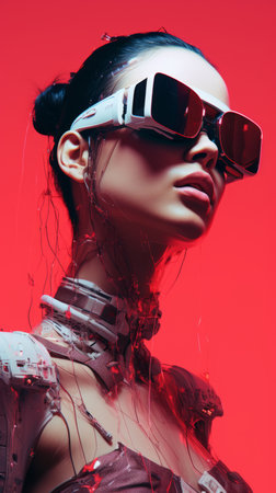 a woman in futuristic glasses and a red backgroundの素材