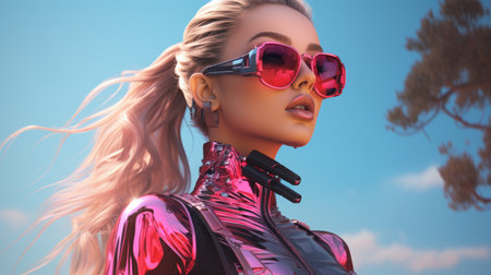 a woman wearing pink sunglasses and a shiny outfitの素材