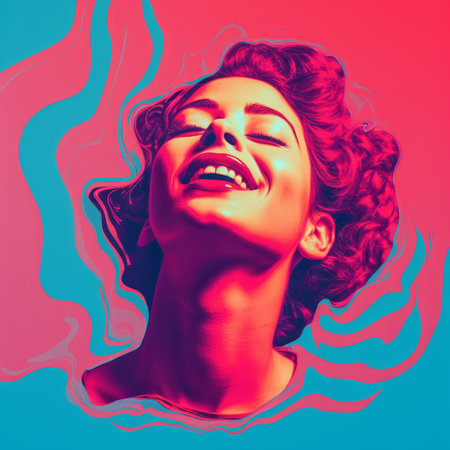a woman is smiling in front of a colorful backgroundの素材