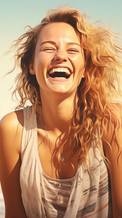 a woman is laughing on the beachの素材