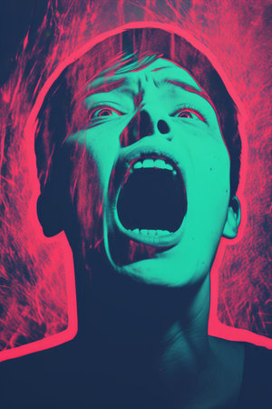 a woman screaming with her mouth open in front of a red and blue backgroundの素材