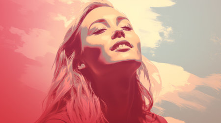 a woman is looking up in the air with a red and pink backgroundの素材
