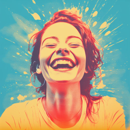 a woman is laughing in front of a colorful backgroundの素材