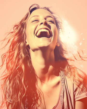a woman laughing with her eyes wide openの素材