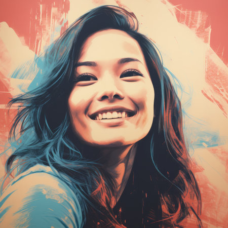 a woman is smiling in front of a colorful backgroundの素材