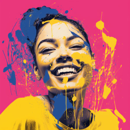 a woman is smiling with paint splatters on her faceの素材