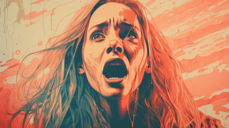 a woman is screaming in front of an orange and red backgroundの素材