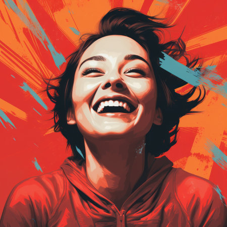 a woman is laughing in front of a red backgroundの素材