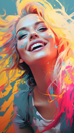 a woman is smiling in front of a colorful backgroundの素材