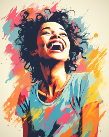 a woman laughing with colorful paint splatters on her faceの素材